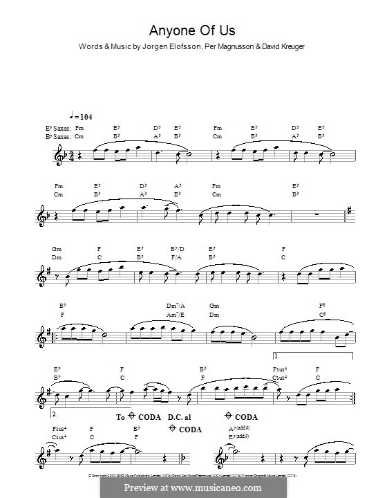 Anyone of Us (Stupid Mistake): For saxophone (Gareth Gates) by David Kreuger, Jörgen Kjell Elofsson, Per Magnusson