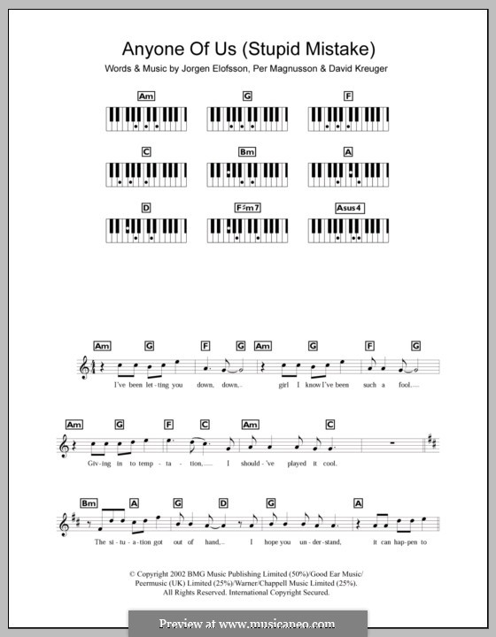 Anyone of Us (Stupid Mistake): For keyboard (Gareth Gates) by David Kreuger, Jörgen Kjell Elofsson, Per Magnusson