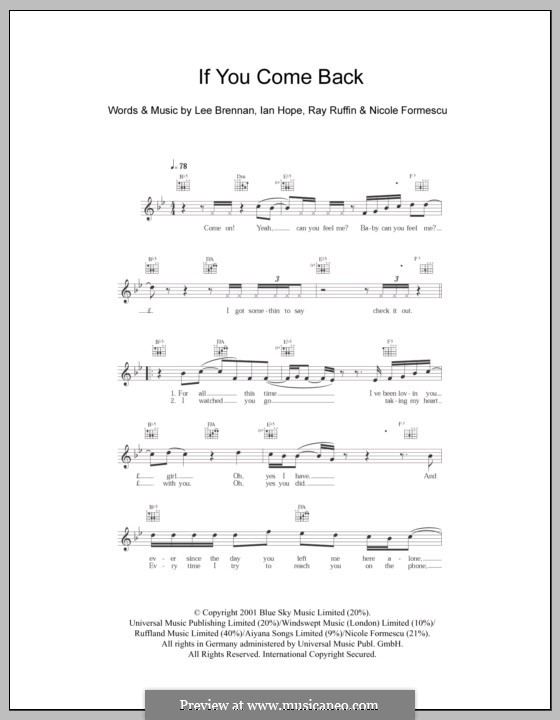 If You Come Back (Blue): melodía,letras e acordes by Ian Hope, Lee Brennan, Nicole Formescu, Ray Ruffin