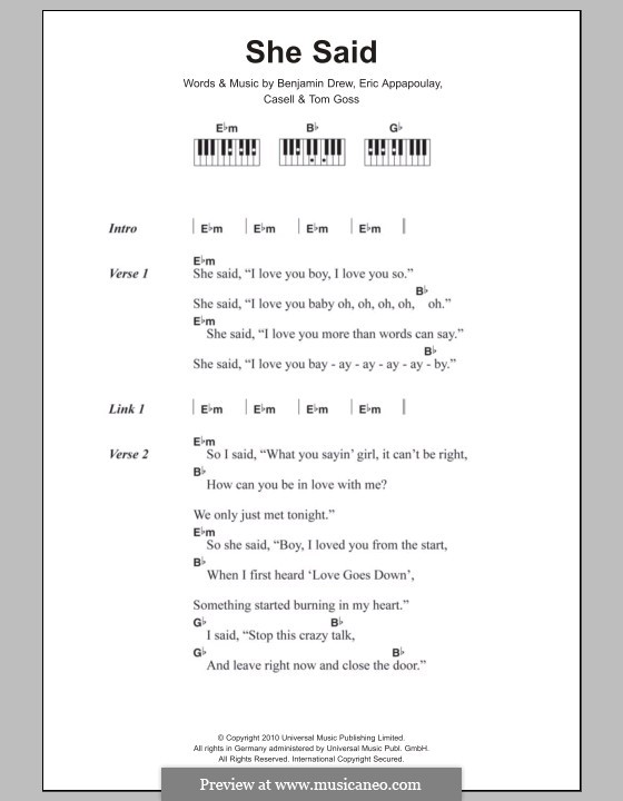 She Said (Plan B): letras e acordes para piano by Benjamin Drew, Eric Appapoulay, Richard Cassell, Tom Goss