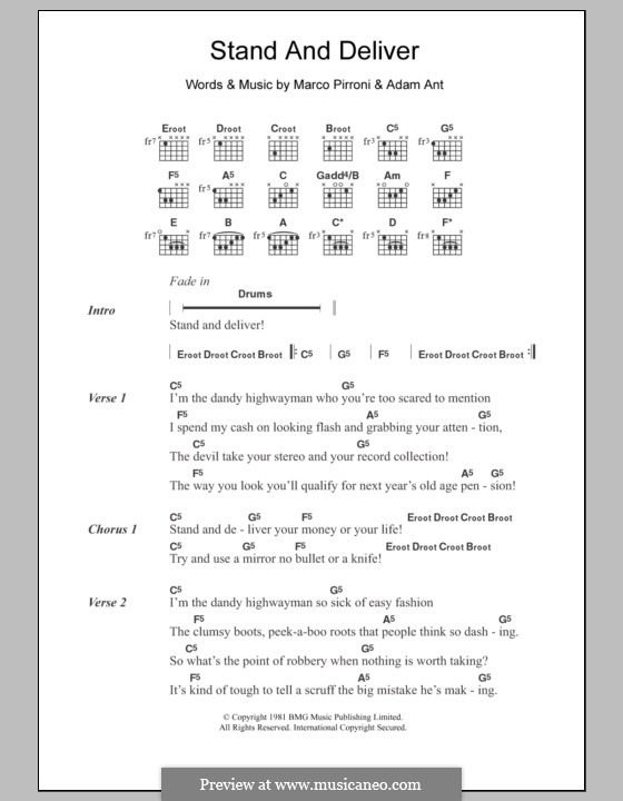 Stand and Deliver (Adam & The Ants): Letras e Acordes by Adam Ant, Marco Pirroni
