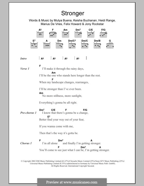 Stronger (Sugababes): Letras e Acordes by Felix Howard, Heidi Range, Jonathan Lipsey, Keisha Buchanan, Marius De Vries, Mutya Buena