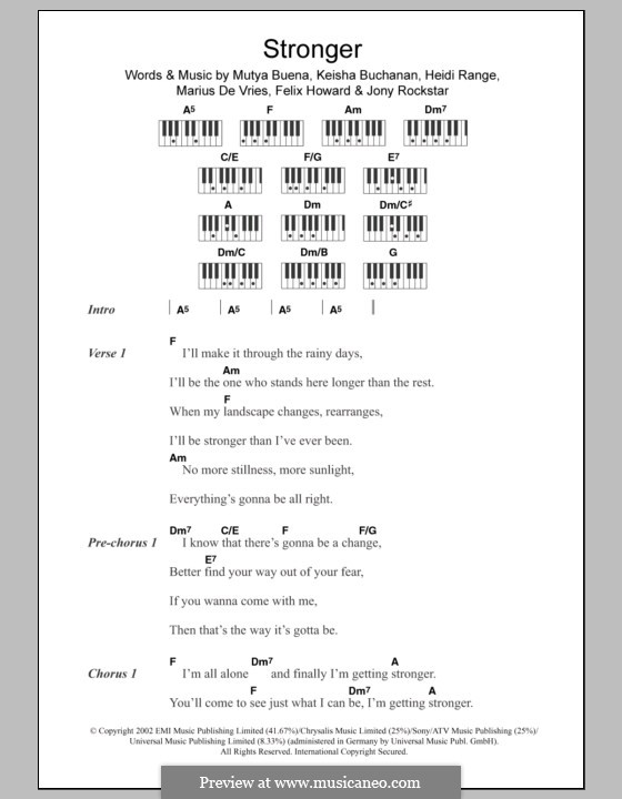 Stronger (Sugababes): letras e acordes para piano by Felix Howard, Heidi Range, Jonathan Lipsey, Keisha Buchanan, Marius De Vries, Mutya Buena