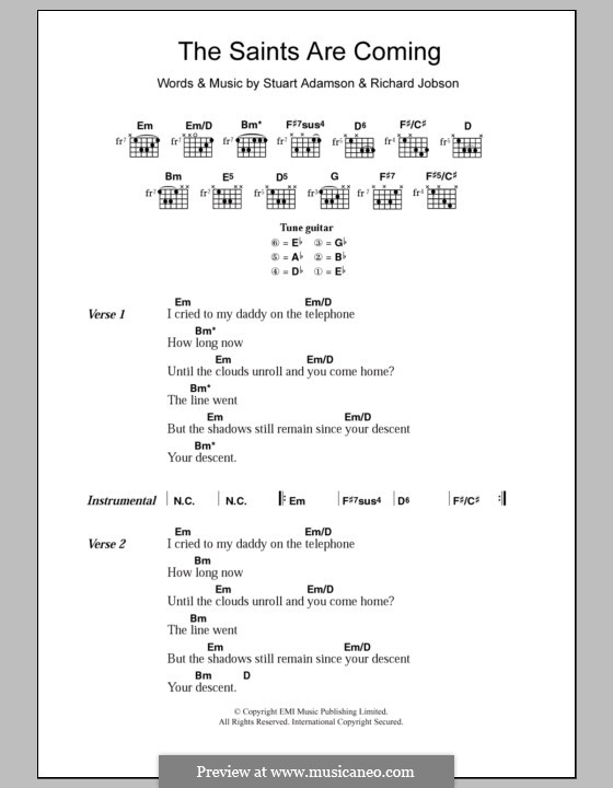 The Saints Are Coming: Lyrics and chords (The Skids) by Richard Jobson, Stuart Adamson