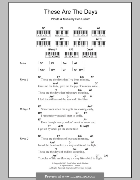 These Are the Days: letras e acordes para piano by Ben Cullum