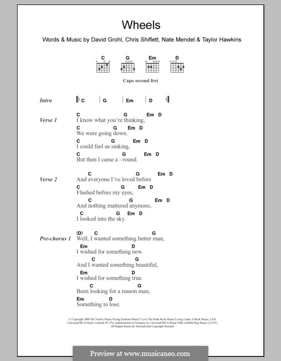 Wheels (Foo Fighters): Letras e Acordes by Christopher Shiflett, David Grohl, Nate Mendel, Taylor Hawkins