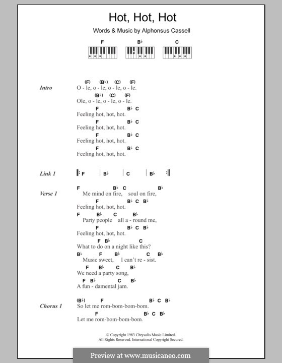 Hot Hot Hot (Arrow): letras e acordes para piano by Alphonsus Cassell