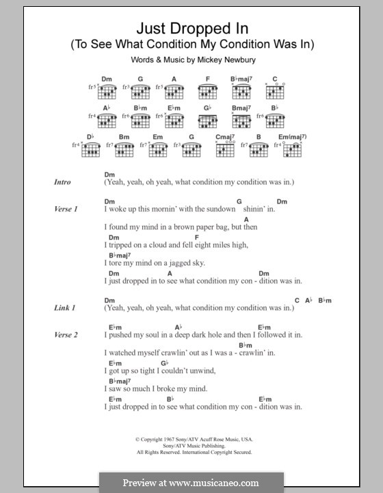 Just Dropped in (To See What Condition My Condition Was in): Letras e Acordes by Mickey Newbury