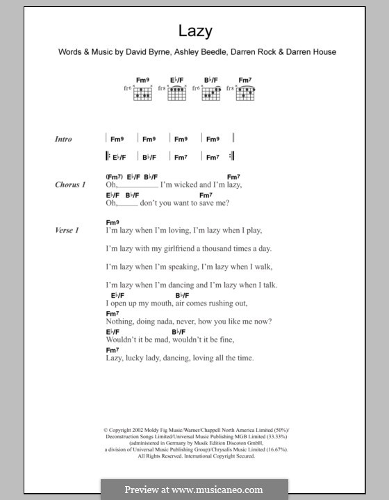 Lazy: Letras e Acordes by Ashley Beedle, Darren House, Darren Rock, David Byrne