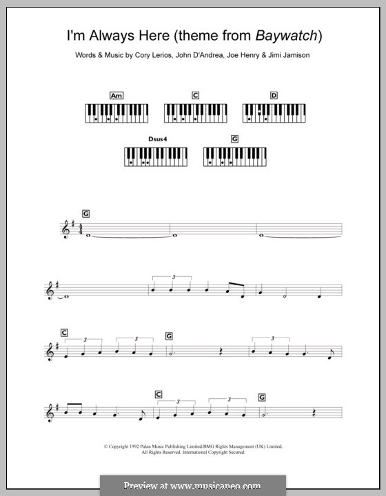 I'm Always Here (theme from Baywatch): para teclado by Cory Lerios, Jimi Jamison, Joe Henry, John D'Andrea