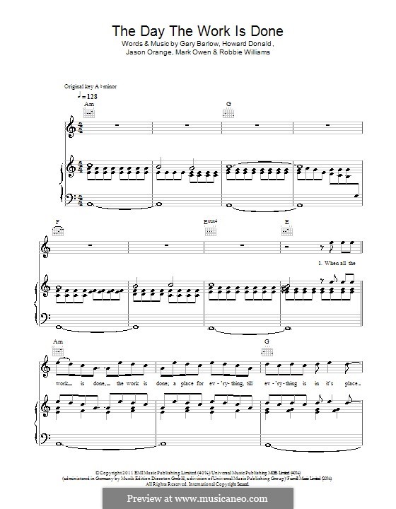 The Day the Work Is Done (Take That): Para vocais e piano (ou Guitarra) by Gary Barlow, Howard Donald, Jason Orange, Mark Owen, Robbie Williams