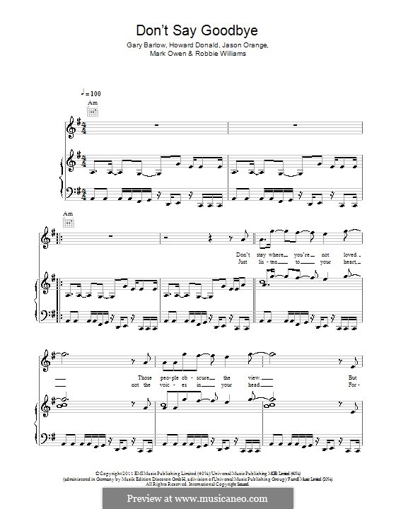 Don't Say Goodbye (Take That): Para vocais e piano (ou Guitarra) by Gary Barlow, Howard Donald, Jason Orange, Mark Owen, Robbie Williams