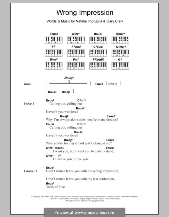 Wrong Impression: letras e acordes para piano by Gary Clark, Natalie Imbruglia