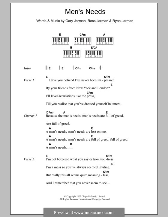 Men's Needs (The Cribs): letras e acordes para piano by Gary Jarman, Ross Jarman, Ryan Jarman