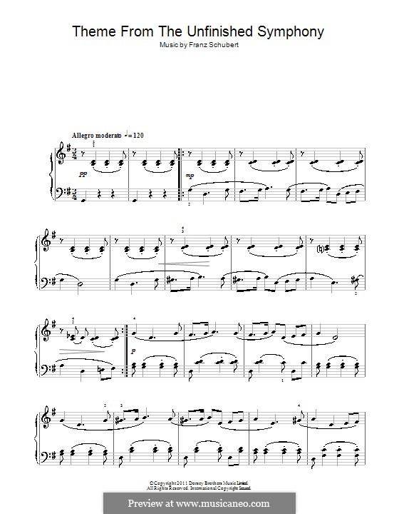 Symphony No.8 in B Minor 'Unfinished', D.759: Theme. Version for piano (high quality sheet music) by Franz Schubert
