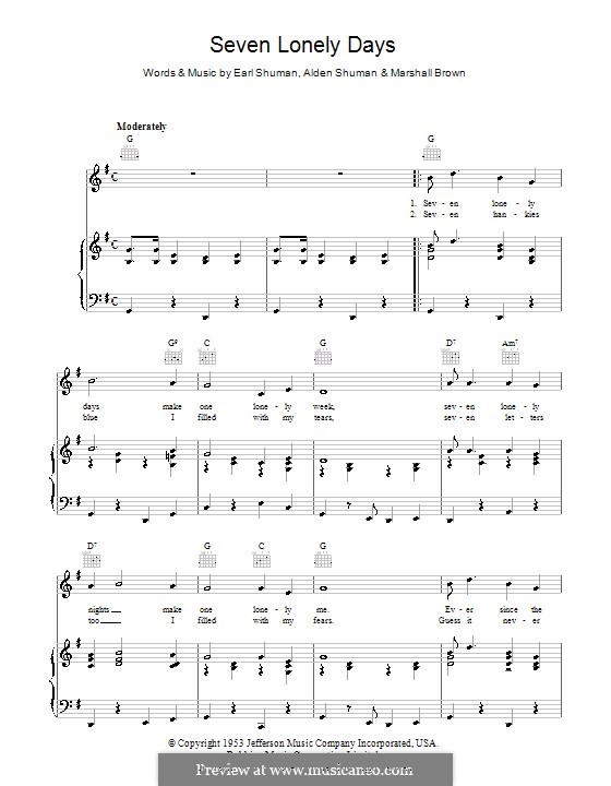 Seven Lonely Days: Para vocais e piano (ou Guitarra) by Alden Shuman, Earl Shuman, Marshall Brown