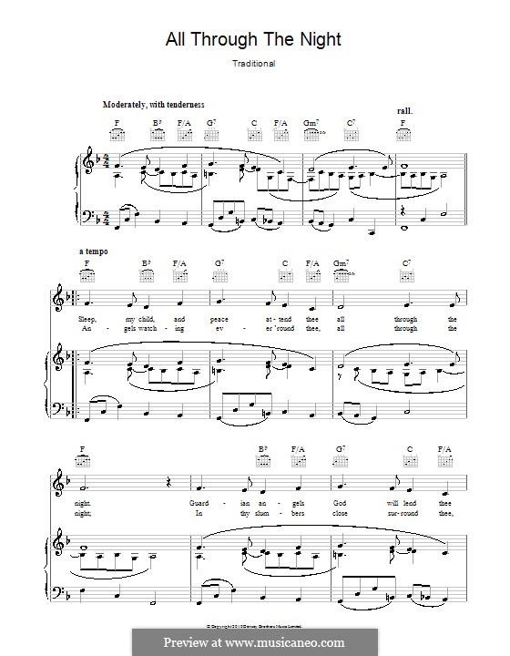 All Through the Night (Printable scores): para voz, piano e guitarra (F Major) by folklore