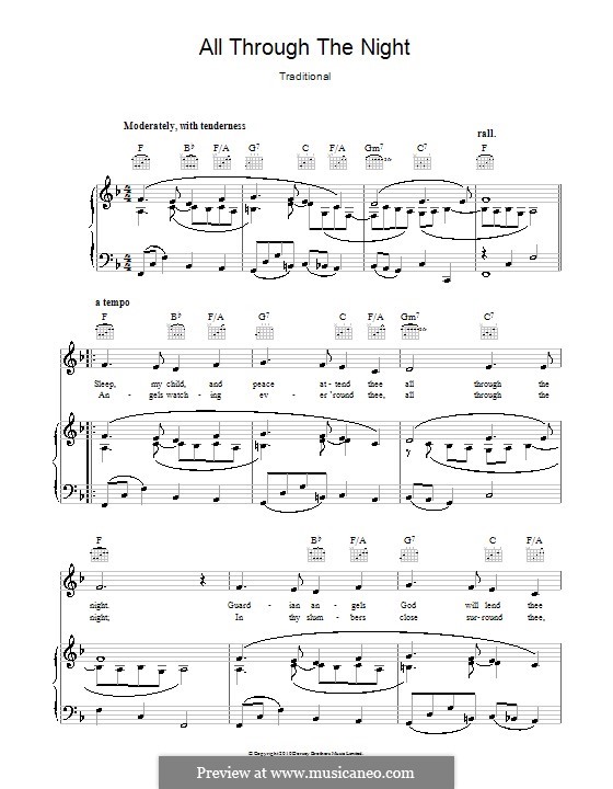 All Through the Night (Printable scores): para voz, piano e guitarra (F Major) by folklore