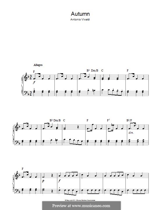 Violin Concerto No.3 in F Major 'L'autunno', RV 293: Movement III. Version for easy piano by Antonio Vivaldi