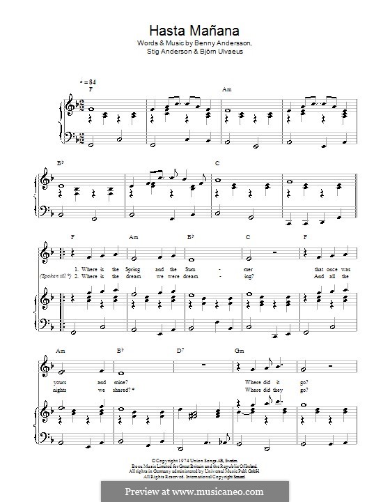 Hasta Manana (ABBA): Para vocais e piano (ou Guitarra) by Benny Andersson, Björn Ulvaeus, Stig Anderson