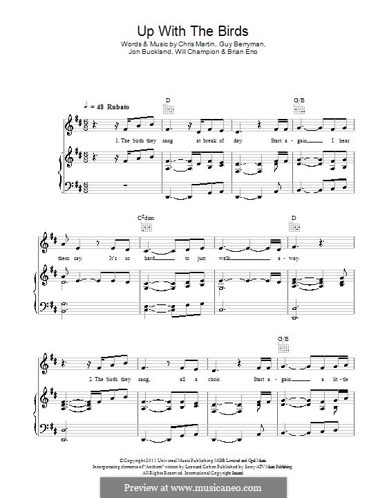 Up with the Birds (Coldplay): Para vocais e piano (ou Guitarra) by Brian Eno, Chris Martin, Guy Berryman, Jonny Buckland, Will Champion