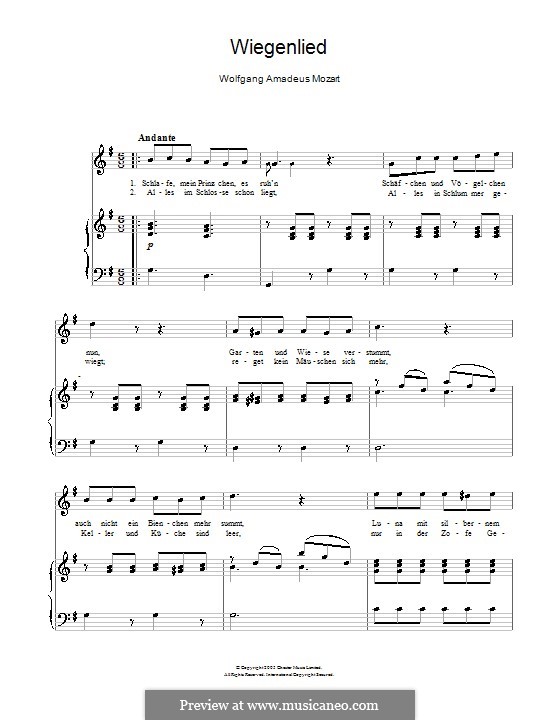 Lullaby, K.350: Para vocais e piano by Wolfgang Amadeus Mozart