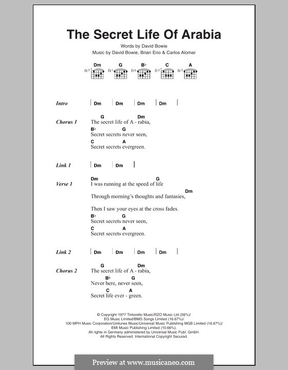 The Secret Life of Arabia: Letras e Acordes by Brian Eno, Carlos Alomar, David Bowie