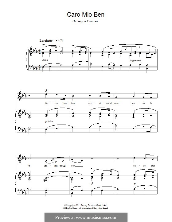 Caro mio ben (O Maiden Dear): Para vocais e piano by Tommaso Giordani
