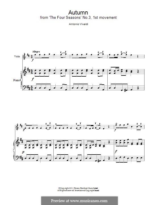 Violin Concerto No.3 in F Major 'L'autunno', RV 293: Movement I (Theme). Version for violin and piano by Antonio Vivaldi