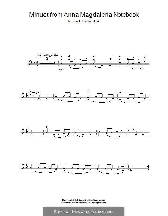 No.4 Minuet in G Major, BWV Anh.114: para violoncelo by Johann Sebastian Bach