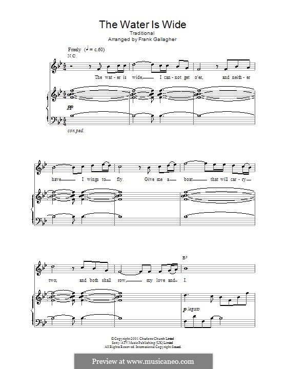 The Water is Wide (O Waly, Waly), Printable scores: para voz e piano ou guitarra (B Flat maior) by folklore
