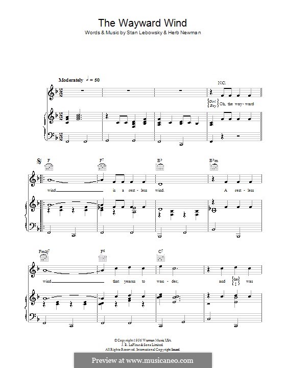 The Wayward Wind (Patsy Cline): Para vocais e piano (ou Guitarra) by Herb Newman, Stan Lebowsky