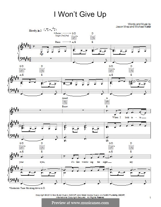 I Won't Give Up: Para vocais e piano (ou Guitarra) by Jason Mraz, Michael Natter