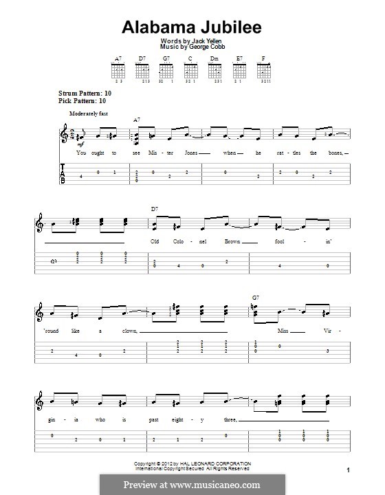 Alabama Jubilee: Guitar tablature (Arthur Collins and Byron Harlan) by George L. Cobb