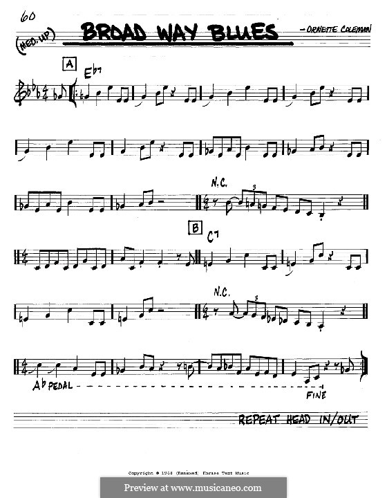 Broad Way Blues: Melody and chords – C instrument by Ornette Coleman