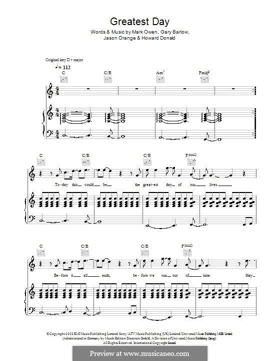 Greatest Day (Take That): Para vocais e piano (ou Guitarra) by Gary Barlow, Howard Donald, Jason Orange, Mark Owen
