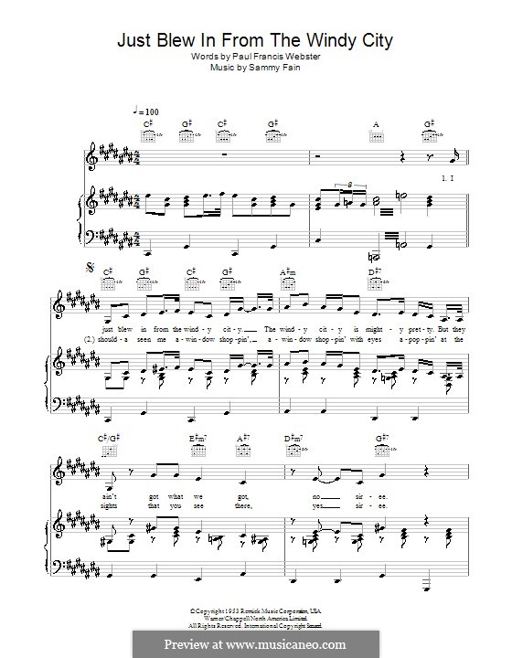 Just Blew in from the Windy City (Doris Day): Para vocais e piano (ou Guitarra) by Sammy Fain