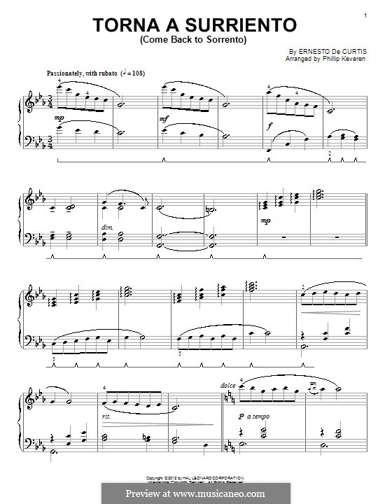 Torna a Surriento: Para Piano by Ernesto de Curtis