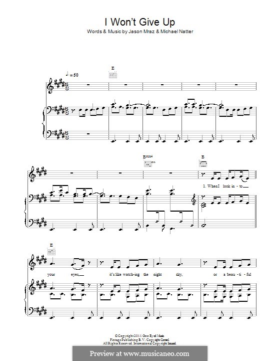 I Won't Give Up: Para vocais e piano (ou Guitarra) by Jason Mraz, Michael Natter