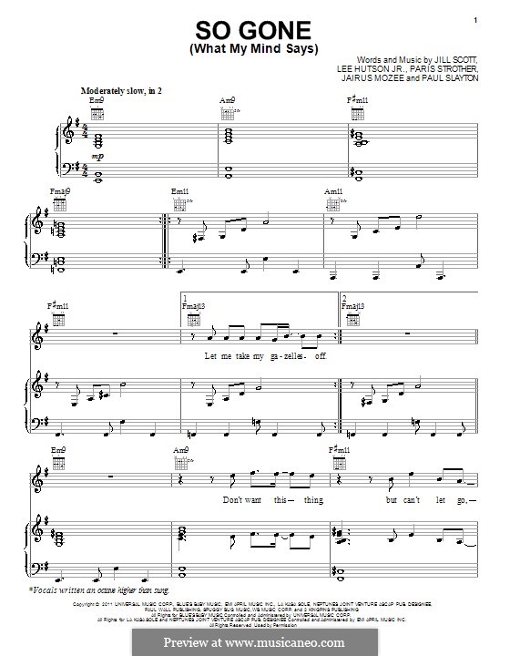 So Gone (What My Mind Says): Para vocais e piano (ou Guitarra) by Jill Scott, JR Hutson, Jairus Mozee, Paul Slayton, Paris Strother