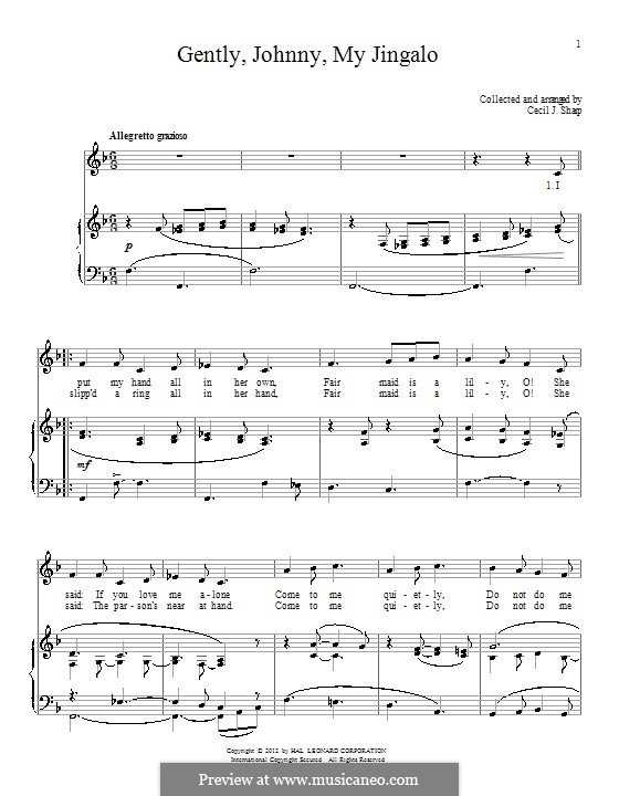 Gently, Johnny, My Jingalo: Para vocais e piano by Cecil Sharp