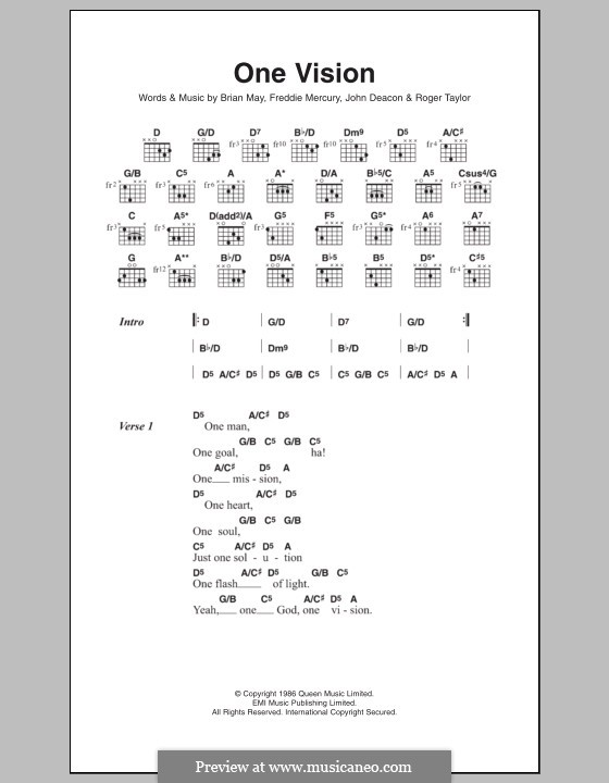 One Vision (Queen): Letras e Acordes by Brian May, Freddie Mercury, John Deacon, Roger Taylor