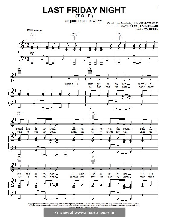 Last Friday Night (T.G.I.F.): Para vocais e piano (ou Guitarra) by Bonnie McKee, Katy Perry, Lukas Gottwald, Max Martin