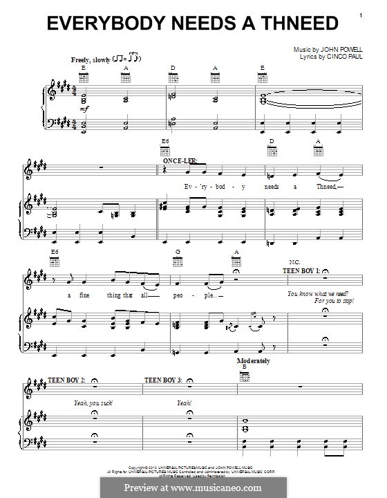 Everybody Needs a Thneed: Para vocais e piano (ou Guitarra) by John Powell