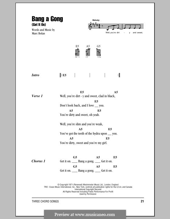 Bang A Gong (Get It On): para ukulele by Marc Bolan