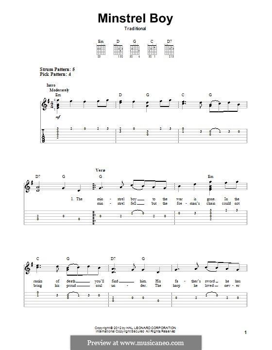 The Minstrel Boy (printable score): Para guitarra com guia by folklore