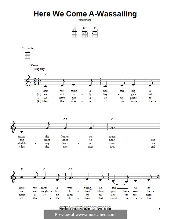 Here we Come a-Wassailing (Printable Scores): para ukulele by folklore