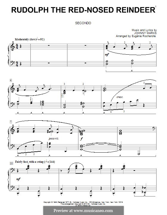Rudolph the Red-Nosed Reindeer (Piano version): For four hands by Johnny Marks