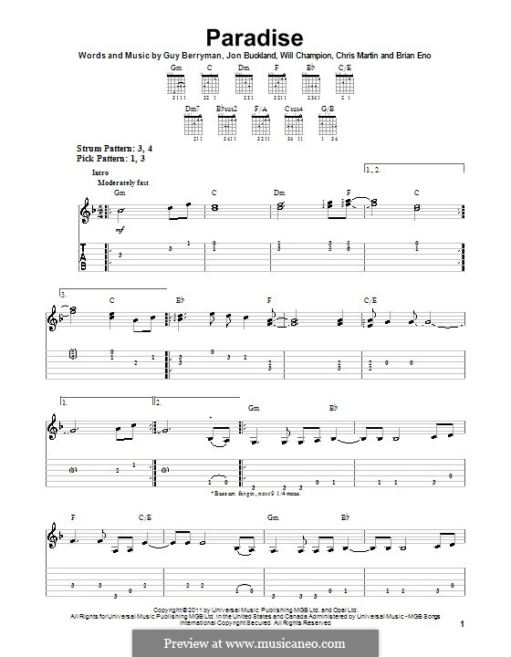 Paradise (Coldplay): guia de guitarra by Brian Eno, Chris Martin, Guy Berryman, Jonny Buckland, Will Champion