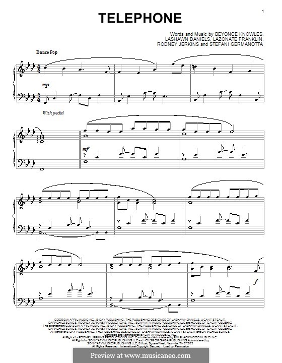 Telephone (Lady Gaga featuring Beyonce): Para Piano by Beyoncé, LaShawn Daniels, Lazonate Franklin, Rodney Jerkins, Stefani Germanotta